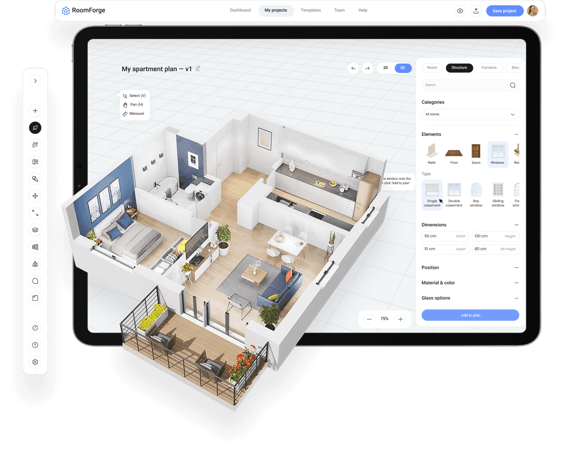 Creava product design example — a 3D apartment planner interface