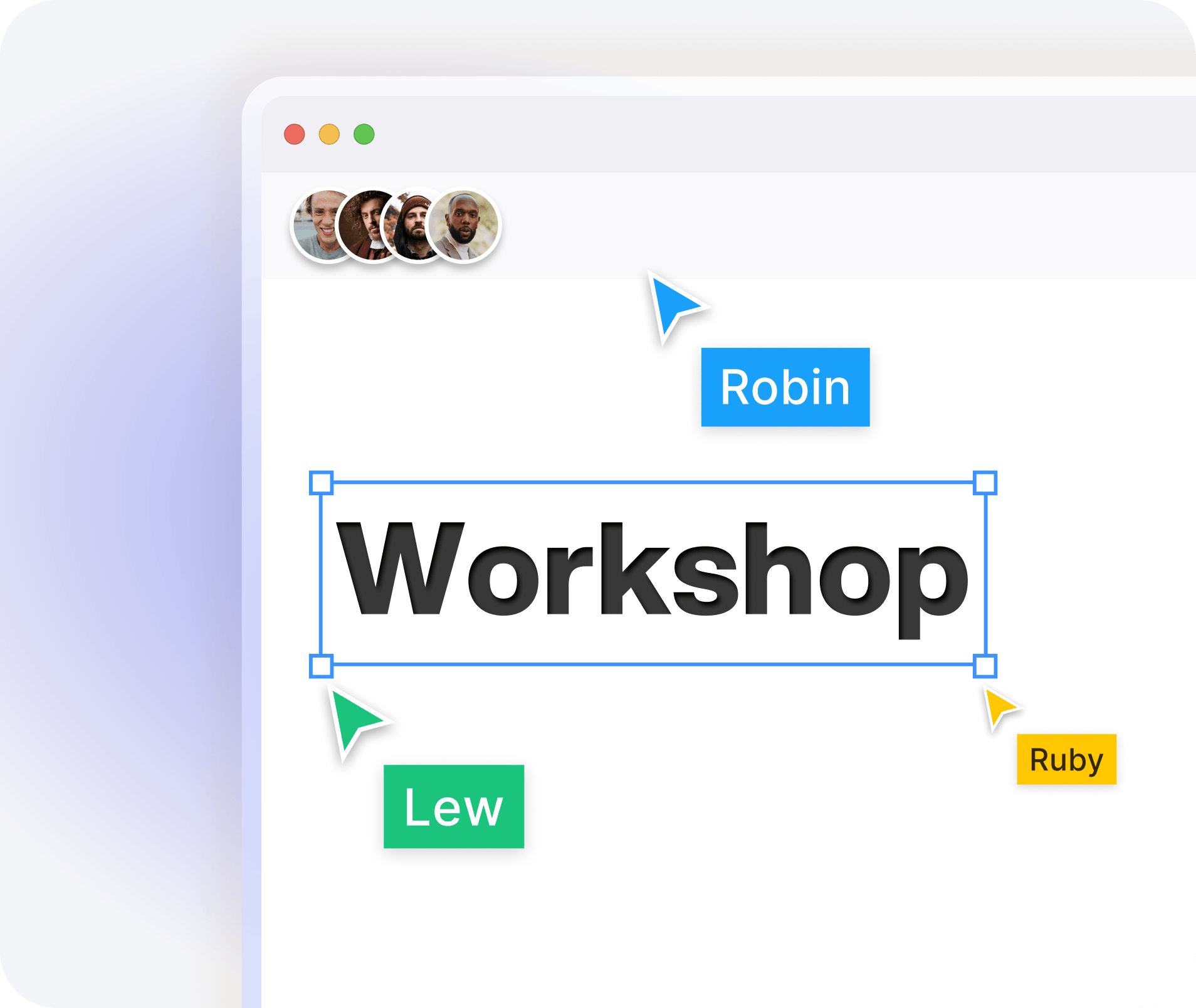 A design canvas during a workshop: the word Workshop selected while three people move around it.