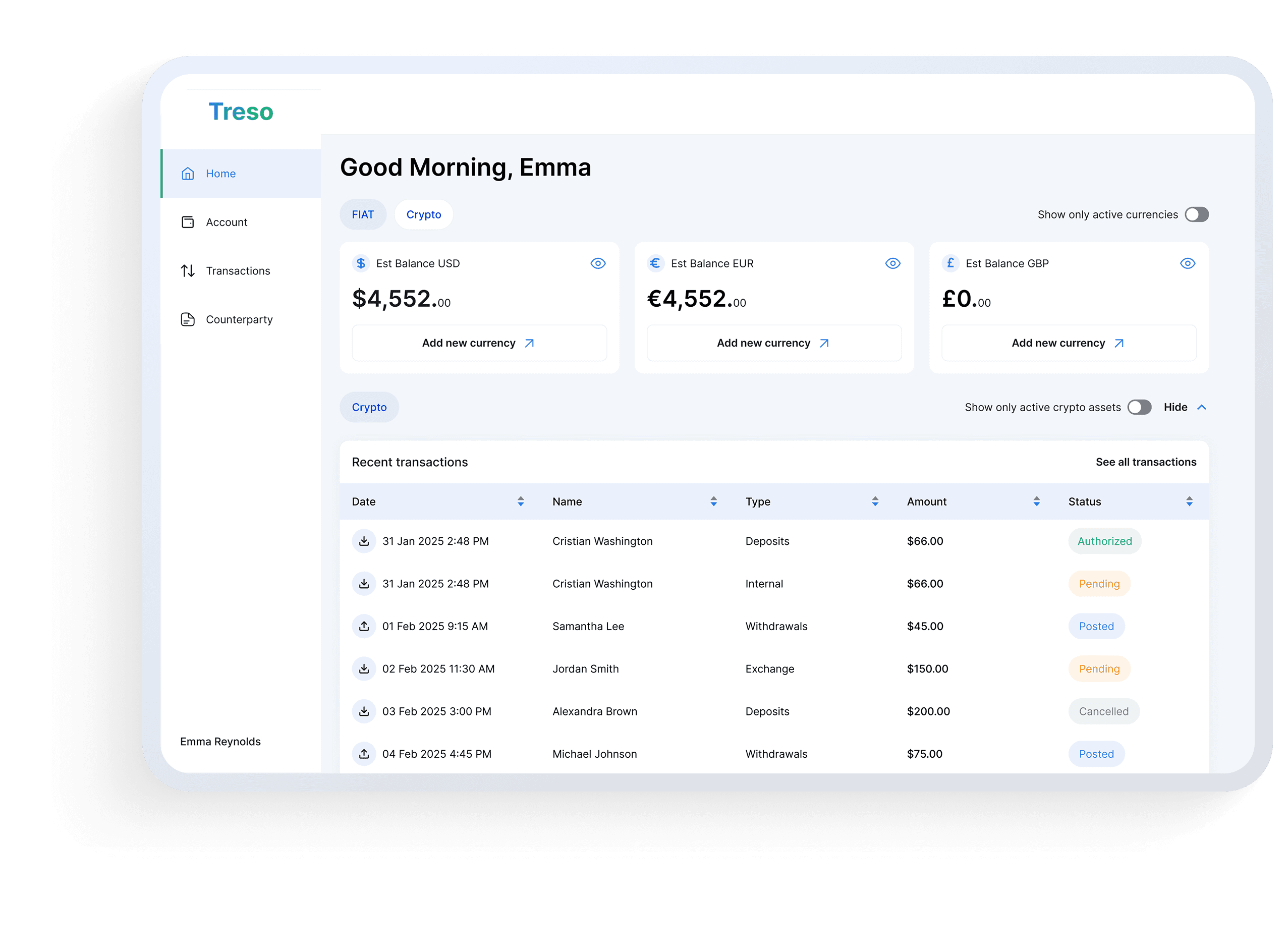 The Treso dashboard: fiat and crypto balances in one account.