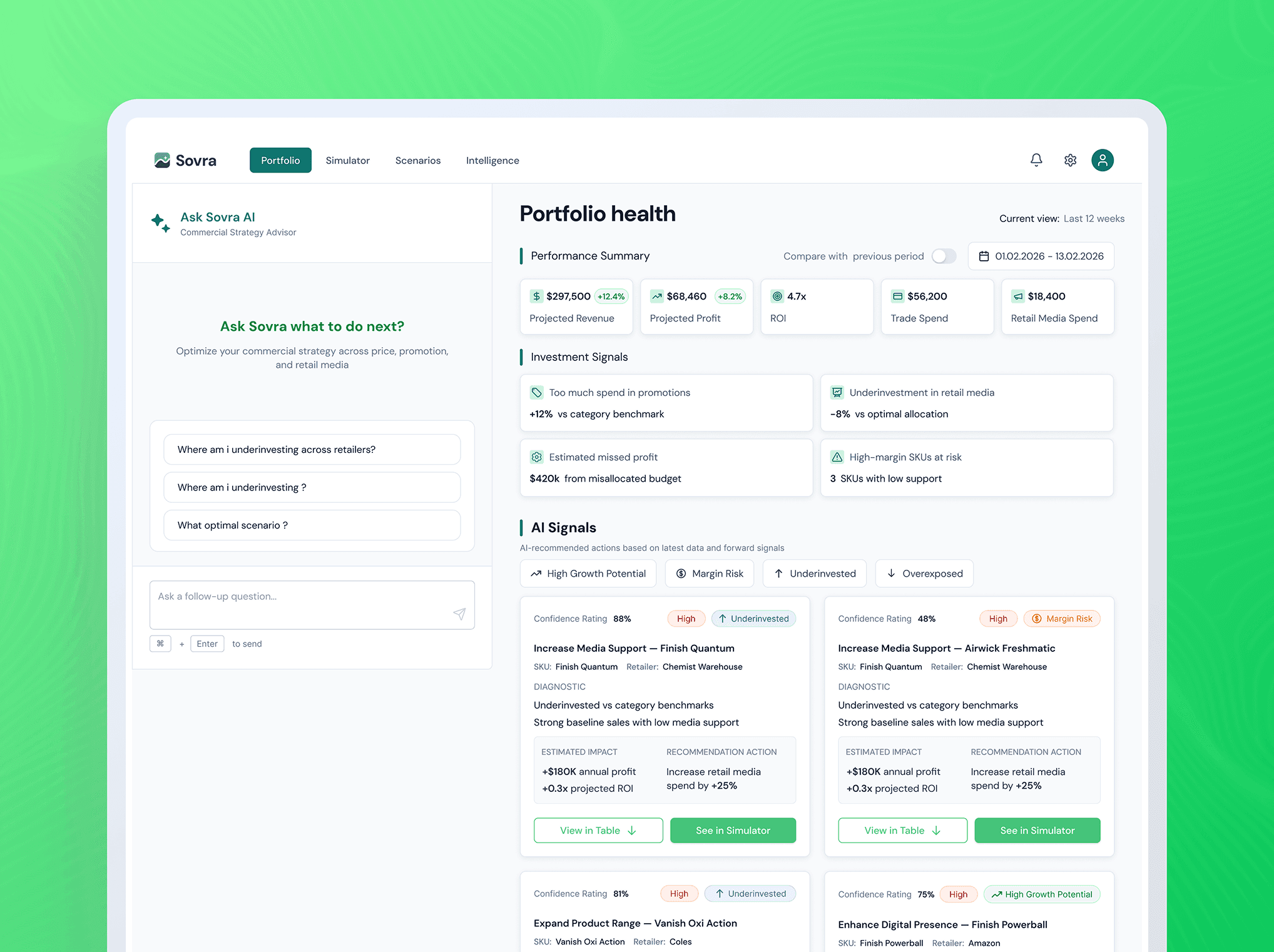 The Sovra dashboard on a green background, as the case study card.