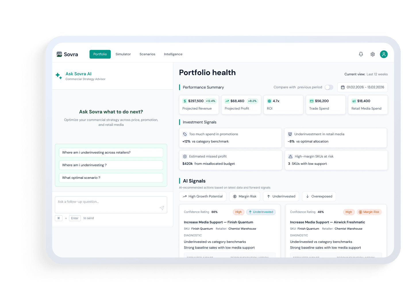The Sovra dashboard: portfolio health with performance figures and investment signals.